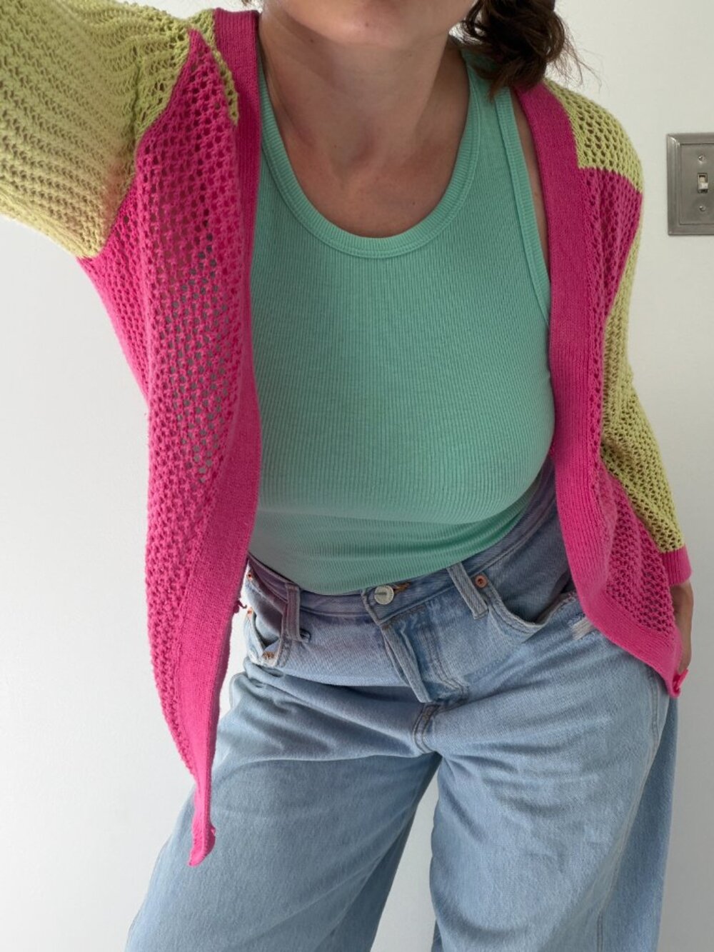 Christopher & Banks Open Weave Vibrant Colorblocked Ramie Cardigan- Size Sm